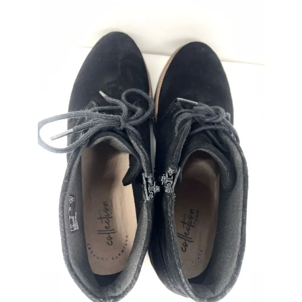 Clarks Sharon Hop Black Suede Booties Lace Zip Wedge Women 8 M